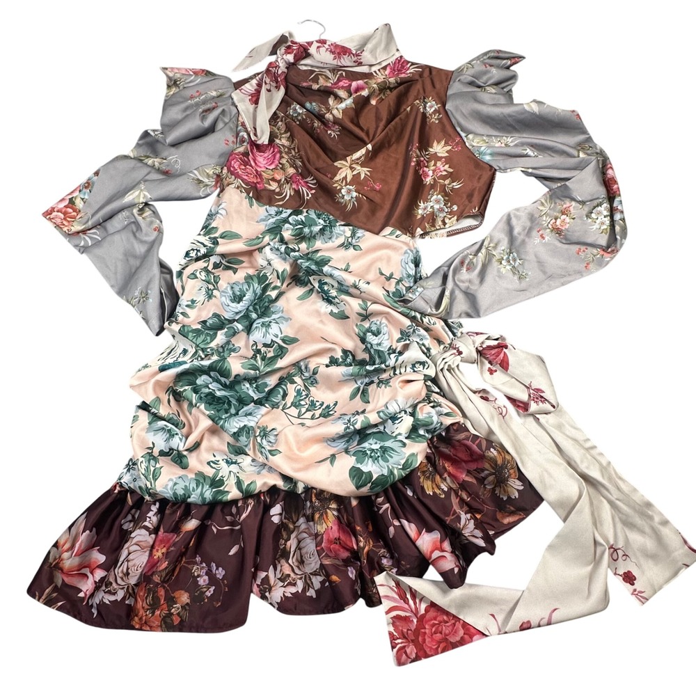 Beulah Mixed Floral Patchwork Mini Dress Long Sleeve Side Tie Ruffle L